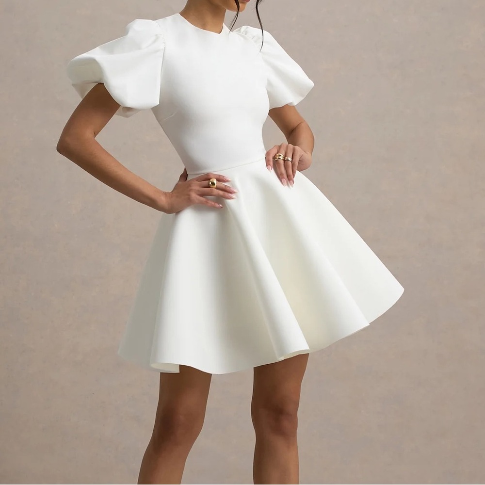 CLUB L. LONDON EMELIA WHITE PUFF-SLEEVE SKATER DRESS - 6 - Picture 4 of 8